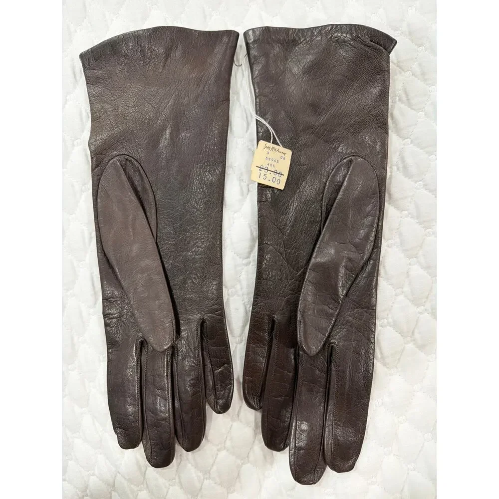 Saks Fifth Avenue Vintage Brown Leather Gloves Silk Lined Made in France Size 6